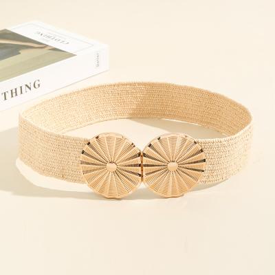 China Straw New Arrival 5cm Width Around Double Ring Metal Buckle Elastic Sun Flower Women Belt for sale