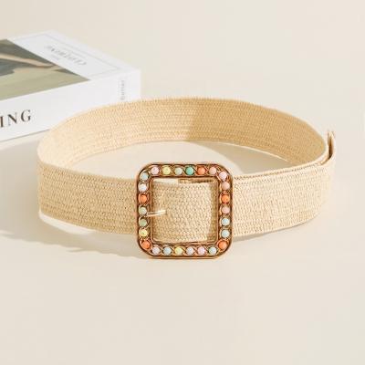 China Pin Buckle Metal Colorful Beaded Elastic Square Straw Women Belt PP Leather Woven Belt for sale