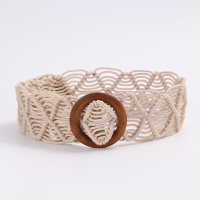 China 100% Polyester Classic Wooden Round Buckle Woven Belt, Wax Rope Material Belt for sale