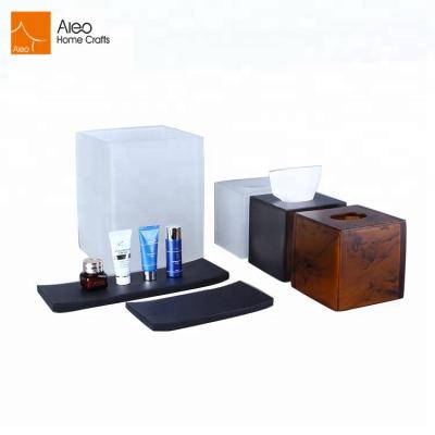 China Sustainable Soft Touch Best Quality Hotel Waste Bin Tissue Box And Amenity Tray Bathroom Accessories Set for sale