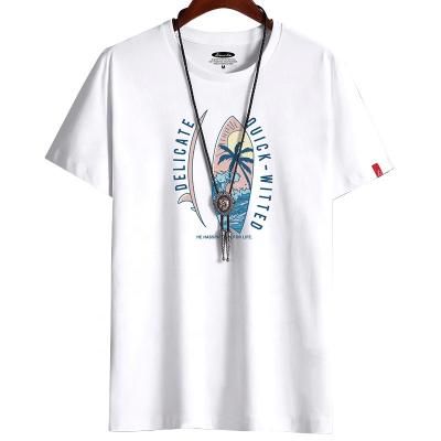 China 2021 Anti-wrinkle Printed Custom Logo White 100% Cotton T-shirt Men Short Sleeves Casual With Summer Coconut Tree Image for sale