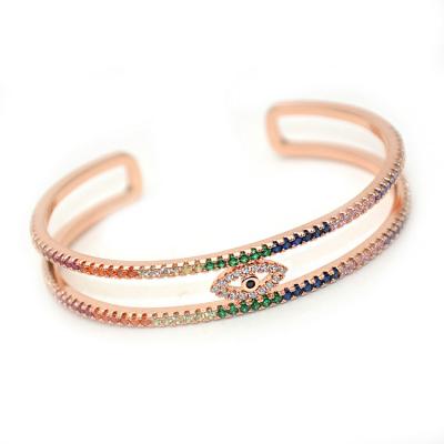 China Religious High Quality Metal Bangle Colored CZ Cuff Beads Paved Evil Eye Bangle Fashion Wedding Jewelry for sale