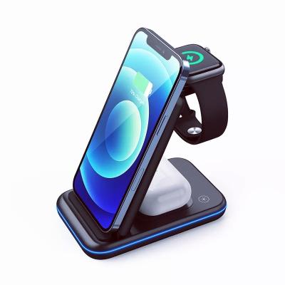 China Hot Selling 2022 Qi Wireless Fast Phone 15W T8 Mobile Phone Charger/Watch/Earphone Folding Charging Stand 3 in 1 Foldable Wireless Charger for sale