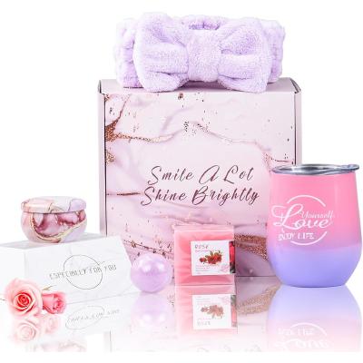 China Presentation Gift Set Bath Gift Set Spa Kits Shower Gel Set for Women Mom Sister Wife Wine Tumbler Purple Mothers day Gifts set for sale