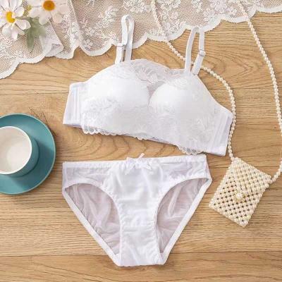 China QUICK DRY Ruffle Mesh Lace Lingerie 2 Piece Women Underwear Set Transparent Bras Panties Brief Sets White Sexy Lingerie Seamless Bra Set for sale