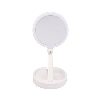 China Hot Selling Desk Lighted Folding Fill Light Beauty Makeup Mirror Convenient Round USB Led Makeup Mirror With Light for sale