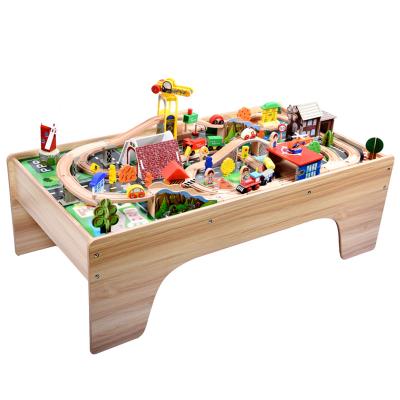 China Factory Direct Selling 2021 Kid 118Pcs Wooden Beech Table Train Set Slot Toy Toys Railway Track With Table for sale