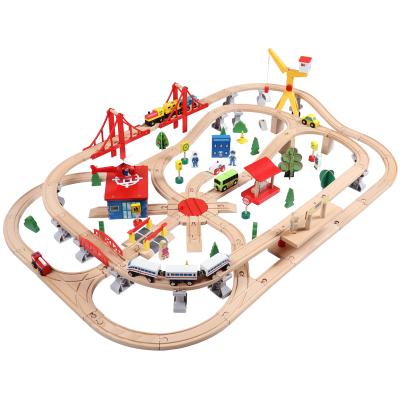 China Slot Puzzles Wooden Track Car Toy 133Pcs Wooden Magnetic Model Track Slot Car Early Educational Toy With Car Double Decker for sale