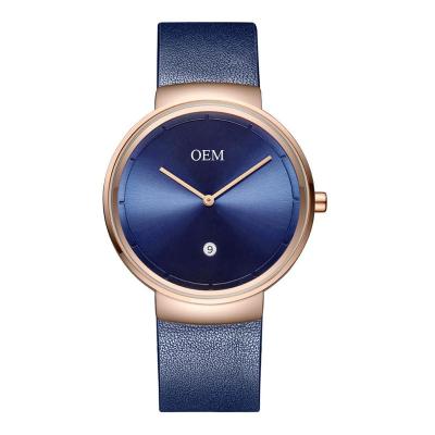 China Full Calendar Vogue OEM Customized Design Genuine Leather Men's Quartz Watch Water Resistant Own Logo Personalized Men Watch Blue for sale