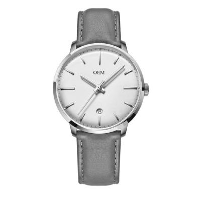 China Water Resistant Brand Your Name Logo Watches Unisex Simple Gray Genuine Leather Strap Customized Waterproof Watches for sale