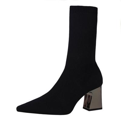 China Size increasing 336-7 simple fashion women's boots with thick heels and high pointed toes make them slim sexy nightclub woolen elastic ankle boots for sale