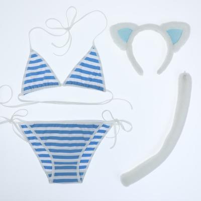 China Fashionable Blue Simulated Cat Ear Hair Circle Headdress and Cat Tail Role Play Dress Set and Cute White Stripe Fun Underwear for sale