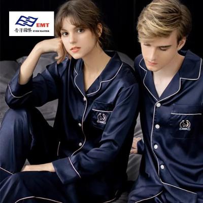 China Breathable Dark Blue Couple Classic Style High-grade Sleepwear Silk Robe with Pant for sale