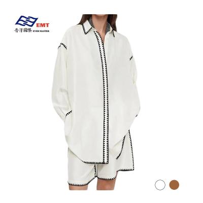 China Breathable 100% Silk White Shirt Women 2023 New Crochet Wrapped Edge Loose Shirt Peplum High Waist Knee Length Short for sale