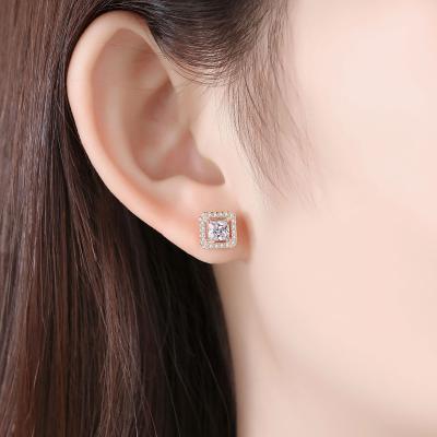 China New Fashionable and High Quality Launch Square Pave Cubic Zirconia Princess Cut CZ Free Shipping 925 Sterling Silver White Crystal Stud Earrings for sale