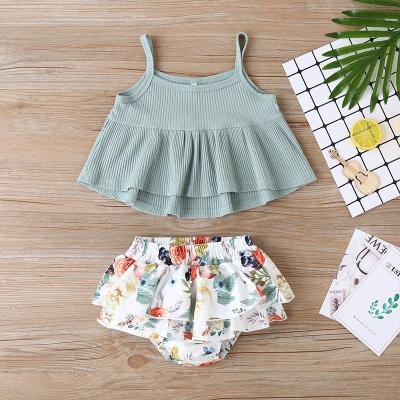 China Aliexpress Hot Selling 2020 New Breathable Two Piece Baby Girl Suit Cute Short Top Suspenders Small Floral Shorts for sale