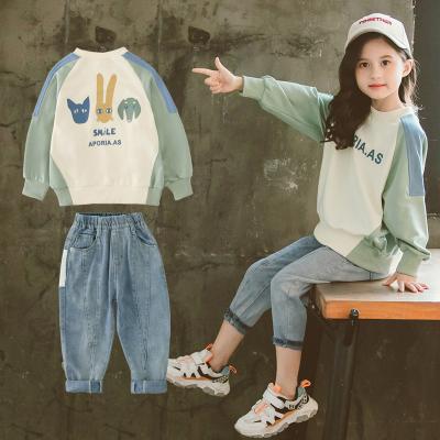 China 2019 New Korean Children's Casual Sweater Jeans Stitching Casual Suit Spring And Autumn Suit Fashion Girl for sale