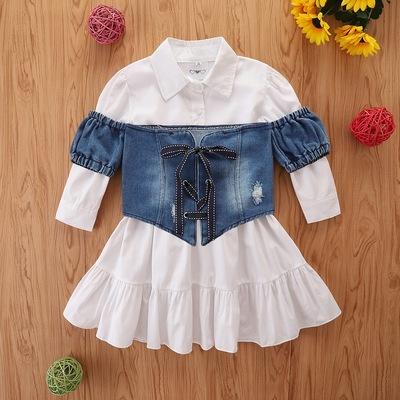 China 2021 Autumn New Children's Breathable Clothing Shirt Skirt Denim Long Wrap Vest 2 Piece Suit Girl Skirt for sale