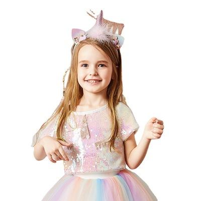 China 2021 breathable spring and summer new girls suit sweet unicorn sequined top + rainbow mesh skirt two-piece suit for sale