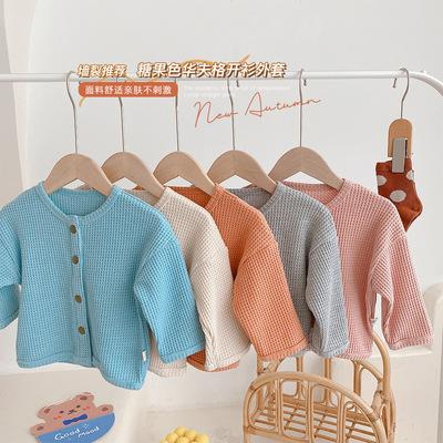 China Baby Boy Girls Cardigan Coat Autumn Waffle Knit Bottoming Shirt Thin Children's Breathable Tops for sale