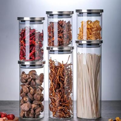 China Storage Keeping Wide Mouth Borosilicate Round Jar Stainless Steel Lid Food Storage 6.5cm Diameter Space Clear Glass Kitchen Candy Jar for sale