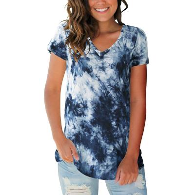 China New products anti-shrinkage 2021 summer Europe and America street tie-dye ladies V-neck T-shirt ladies tops for sale