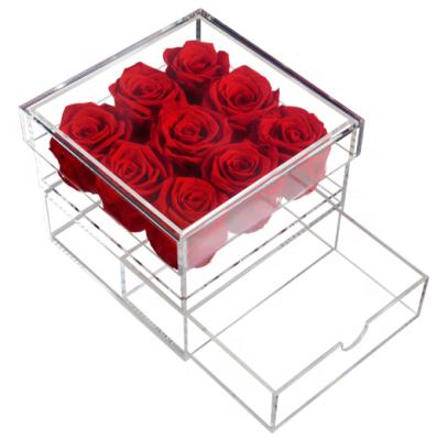 China Fashional Square 9 Holes Transparent Clear Rose Storage Acrylic Flower Gift Box With Drawer for sale