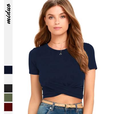 China Anti-Wrinkle Color Pure Color Women's Summer Top Round Neck T-shirts New Short Sheath Slim Twist Fashion Shorts Navel T-shirt for sale