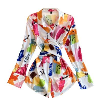 China Anti-Wrinkle Women's Fashion Bandage Waist Slim Irregular Tie Dyed Satin Mid-Length Shirt Fashionable Satin Top Belted T-Shirt for sale