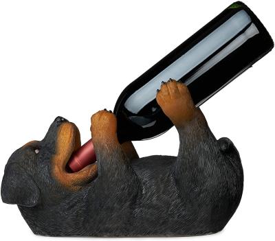 China Apply to All Factory Resin Home Decor Custom Resin Rottweiler Red Wine Rack Sculpt Custom Resin Black Dog Shape Wine Bottle Holder for sale