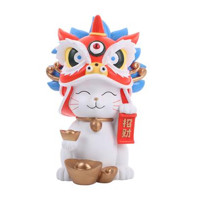 China All Applicable Custom Resin Statues Factory Wholesale Lion Dance Dressed Lucky Cat Home Decoration Statues Cat Figure Display Animal r Gifts for sale