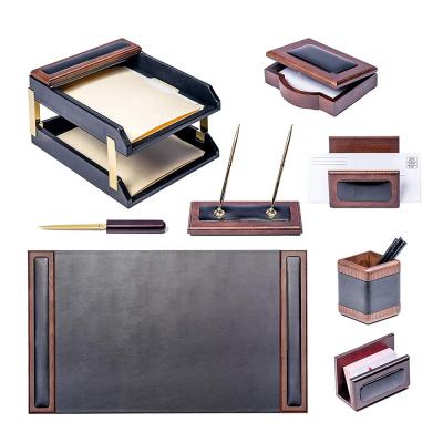 China 100% Best Buy Gift Modern Men Wooden Leather Desk Organizer Sets Handmade for sale