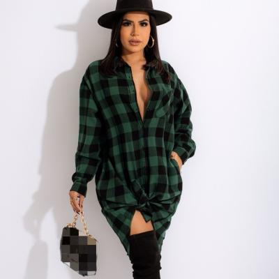 China Autumn Clothing Washable Casual Button Down Long Sleeve Dresses Knee Length Women Plaid Shirt Dress for sale