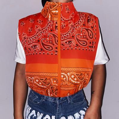 China Sustainable Paisley Bandana Vintage Style Winter 2021 Women Clothing Bubble Jacket Cotton Padded Sleeveless Crop Coat Stripper Vest for sale