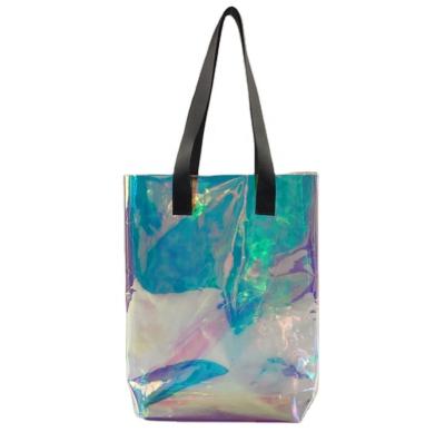 China Fashion Hologram Iridescent Handled PVC Tote Bag Clear Handbag Holographic Shopping Bag for sale