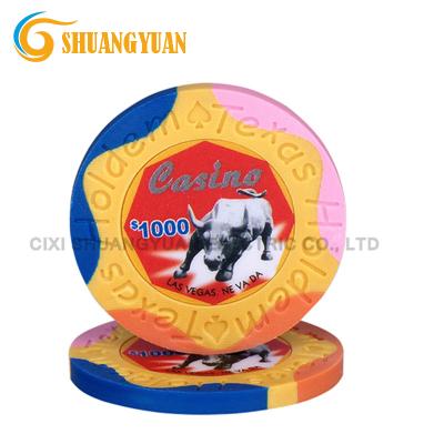 China Clay 9.5g 4-Tone Texas Hold'em Real Clay Poker Chip With Custom Sticker for sale