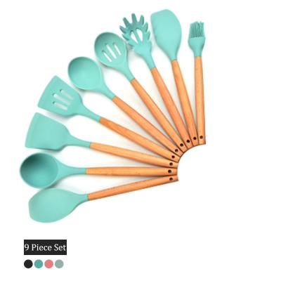 China Sustainable Kitchen Handle Kitchen Accessories Tools Wooden Cookware Set Kitchen Utensils Silicone for sale