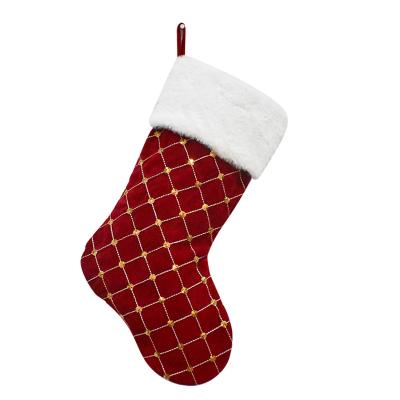 China New Cute Plaid Christmas Stocking Gold Glitter Candy Bag Christmas Tree Socks Gift Pendant Bag for sale