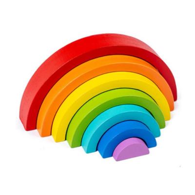 China Soft Open Kids Boy Girl Interlocking Puzzle Blocks Tunnel Stacking Game Building Creative Color Shape Learn Toy Set Wooden Rainbow Stacker for sale