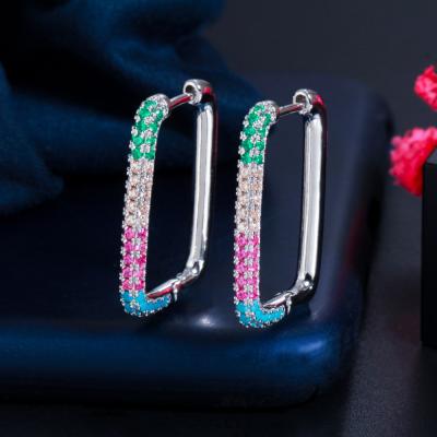 China 2021 CLASSIC Fashion Zirconia Gold Plated Brass Geometric Colorful Diamond Link Circle Square Earrings for sale