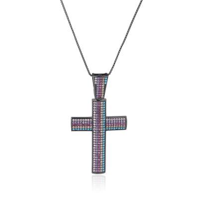 China Customized Cute Crystal Stone Iced Out Black Brass Necklace With Cross Pendant For Women for sale