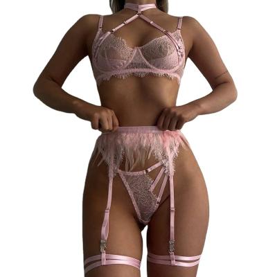 China Sexy Europe and the United States new popular gathering complex heavy industry binding sexy underwear lace feather 5 piece set for sale