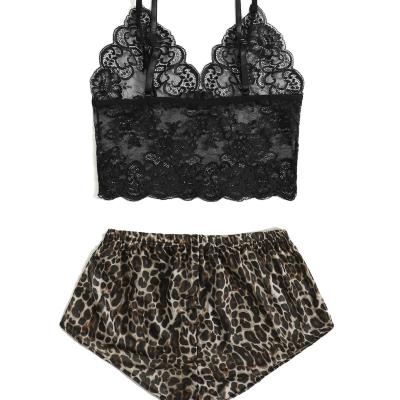 China Sexy clothing satin lace vest pajamas waist leopard print shorts V-neck costume women's sexy underwear sexy lingerie for sale