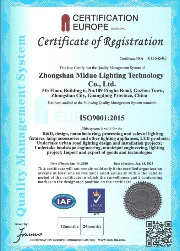 ISO9001 - Zhongshan Miduo Lighting Technology Co., Ltd.