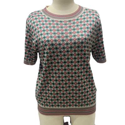 China Professional Wholesale Custom Made Women's Anti-wrinkle Short Sleeve Top Jacquard Knitted T-shirt Sweater for sale