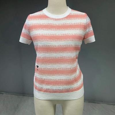 China Anti-Wrinkle High Quality Short Sleeves Fashionable Round Neck T-Shirt Striped Knitted Sweater Top for sale