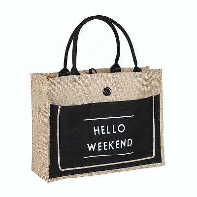 China Cheap Price Eco-friendly Recycle Grocery Black Burlap Souvenirs Tote Bags With Canvas Front Pocket for sale