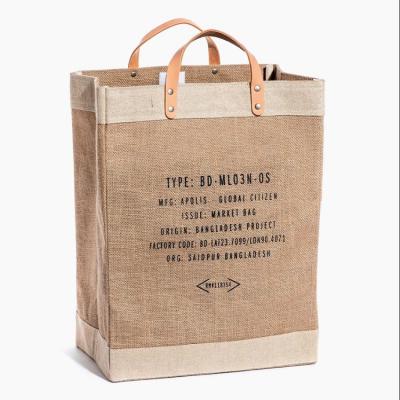 China China Eco-friendly Manufacturers Custom Logo Plain Burlap Laminated Jute Shopping Tote Bag With Leather Handle for sale