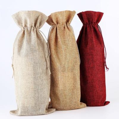 China Eco-friendly Promotional Custom Holiday Color Jute Wine Bottle Drawstring Bag for sale