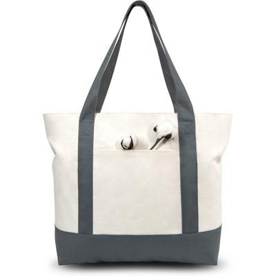 China Hot Popular Reusable Customize Natural Heavy Cotton Canvas Large Zipper Traveling Tote Bag With Outside Pocket for sale